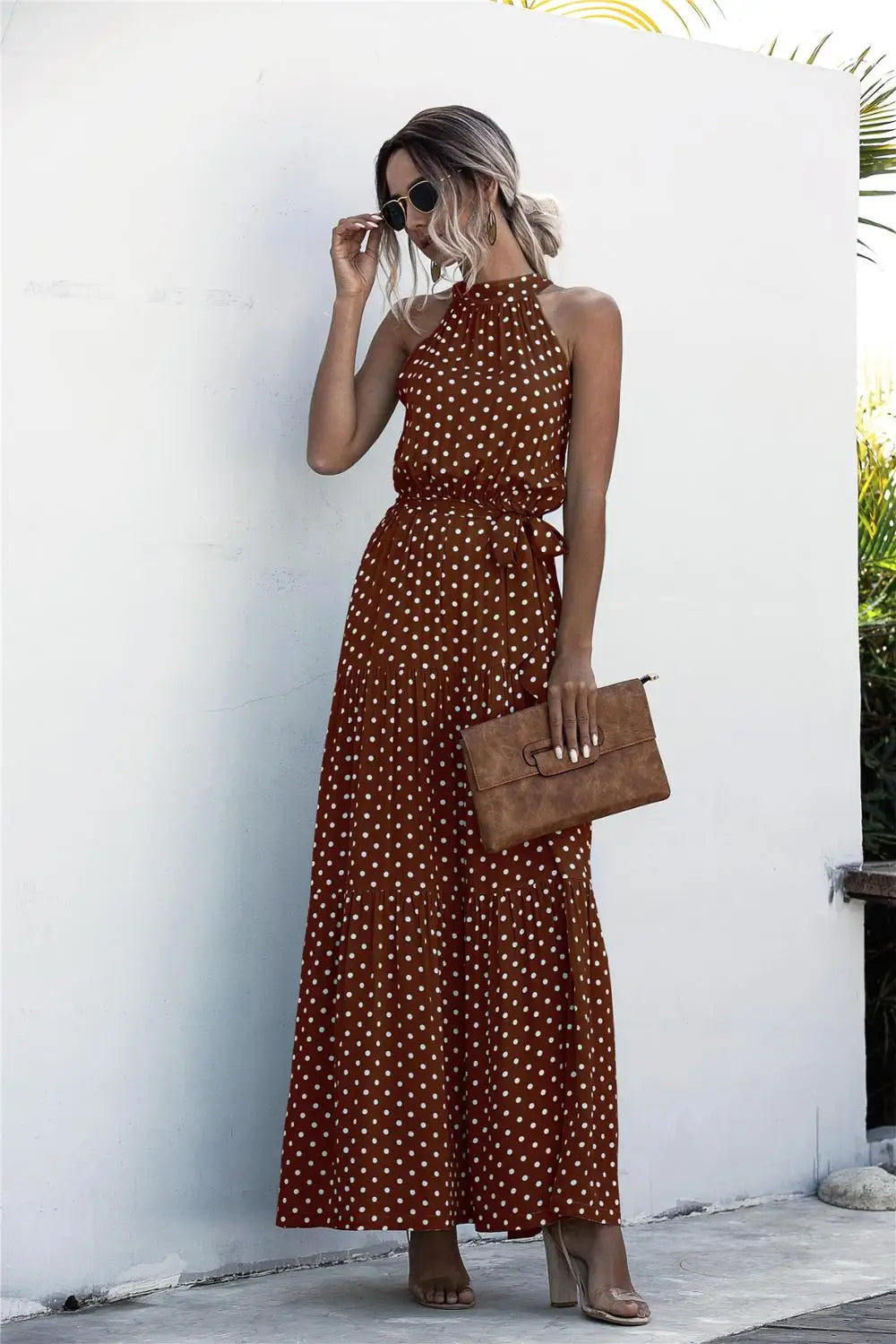 2025 Fashion Sleeveless Print Flowers Polka-dot Halter Boho Dresses