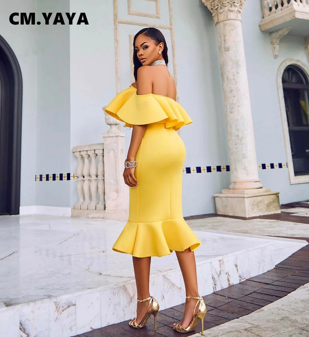 Solid Off Shoulder Ruffles Bodycon Trumpet Dresses