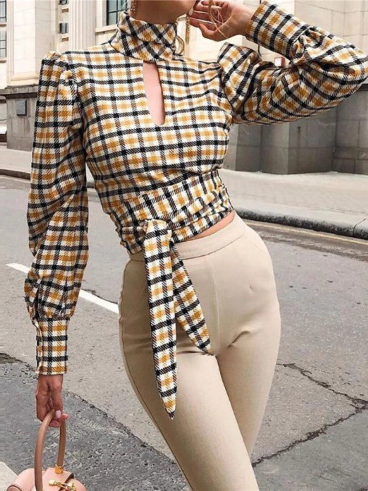 Sexy Backless Turtleneck Plaid Printed  Long Sleeve Elegant Lace up Blouse