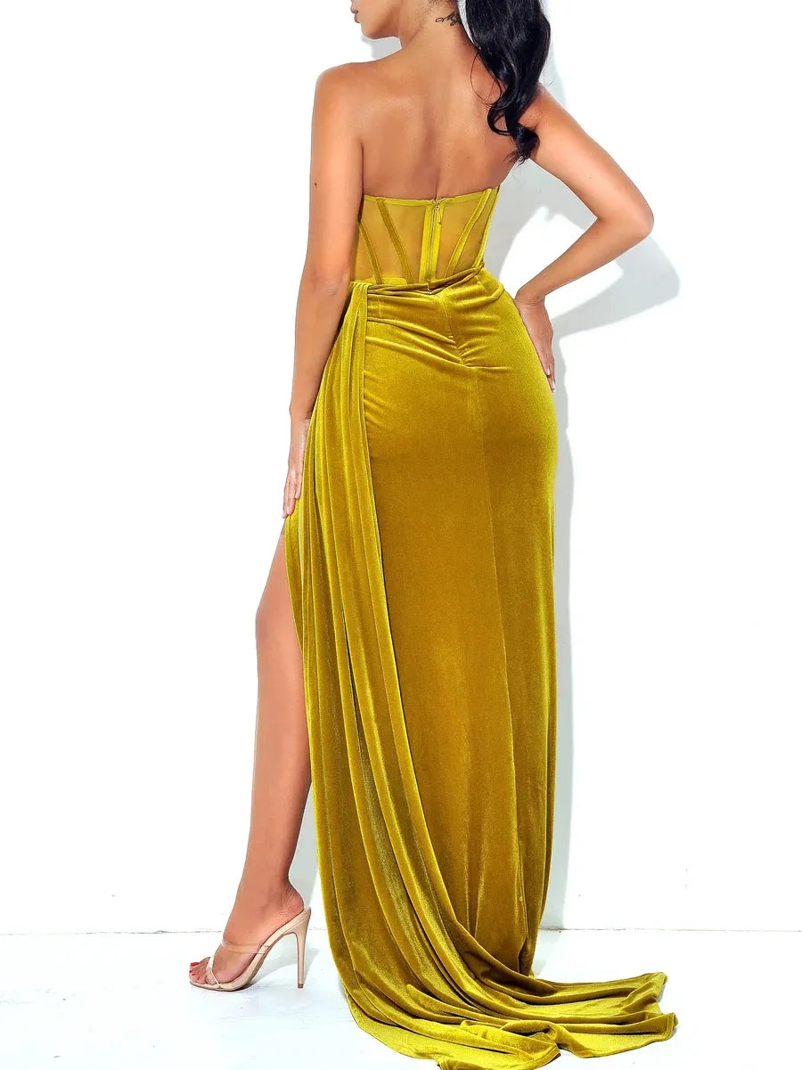 2023 Fashion Elegant Strapless Backless High Split Maxi Spaghetti Strap Dress