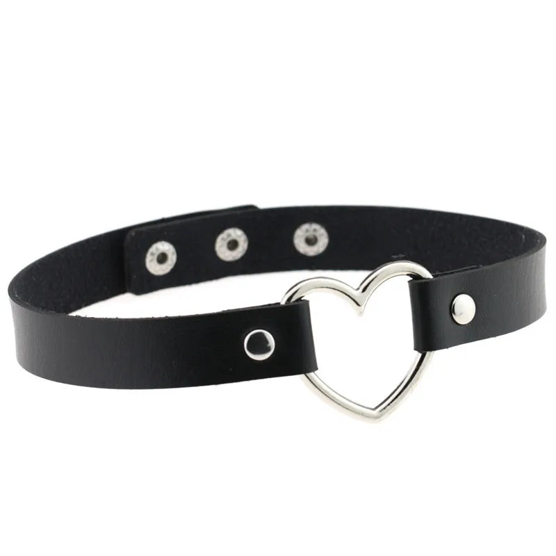 Trendy Goth Heart Leather Choker Necklace