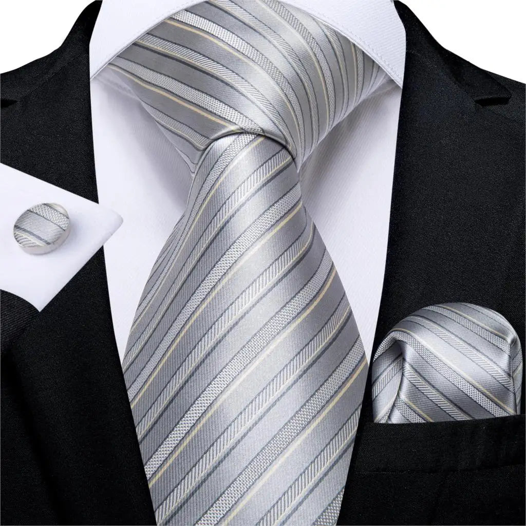 Teal Blue & White Striped Silk Tie Set for Men