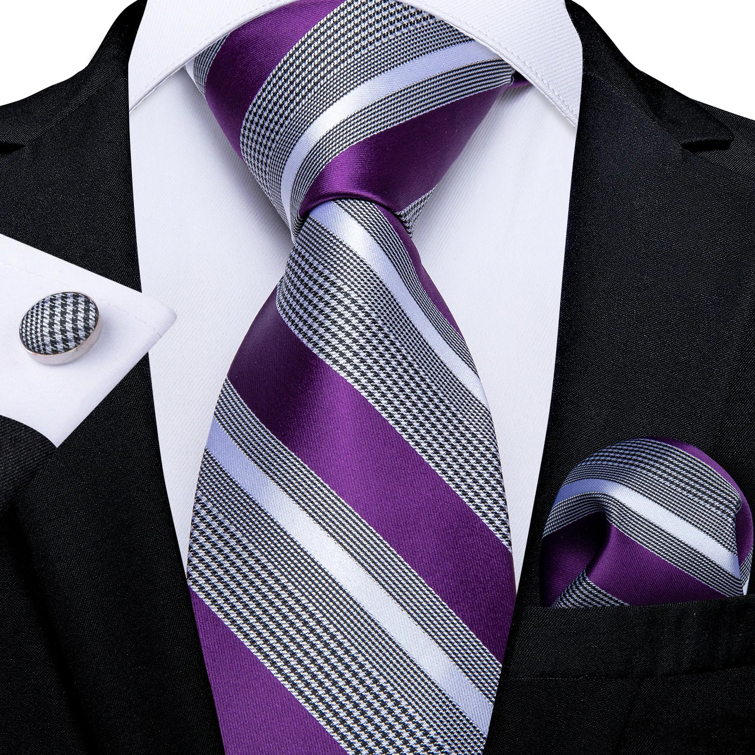 Teal Blue & White Striped Silk Tie Set for Men