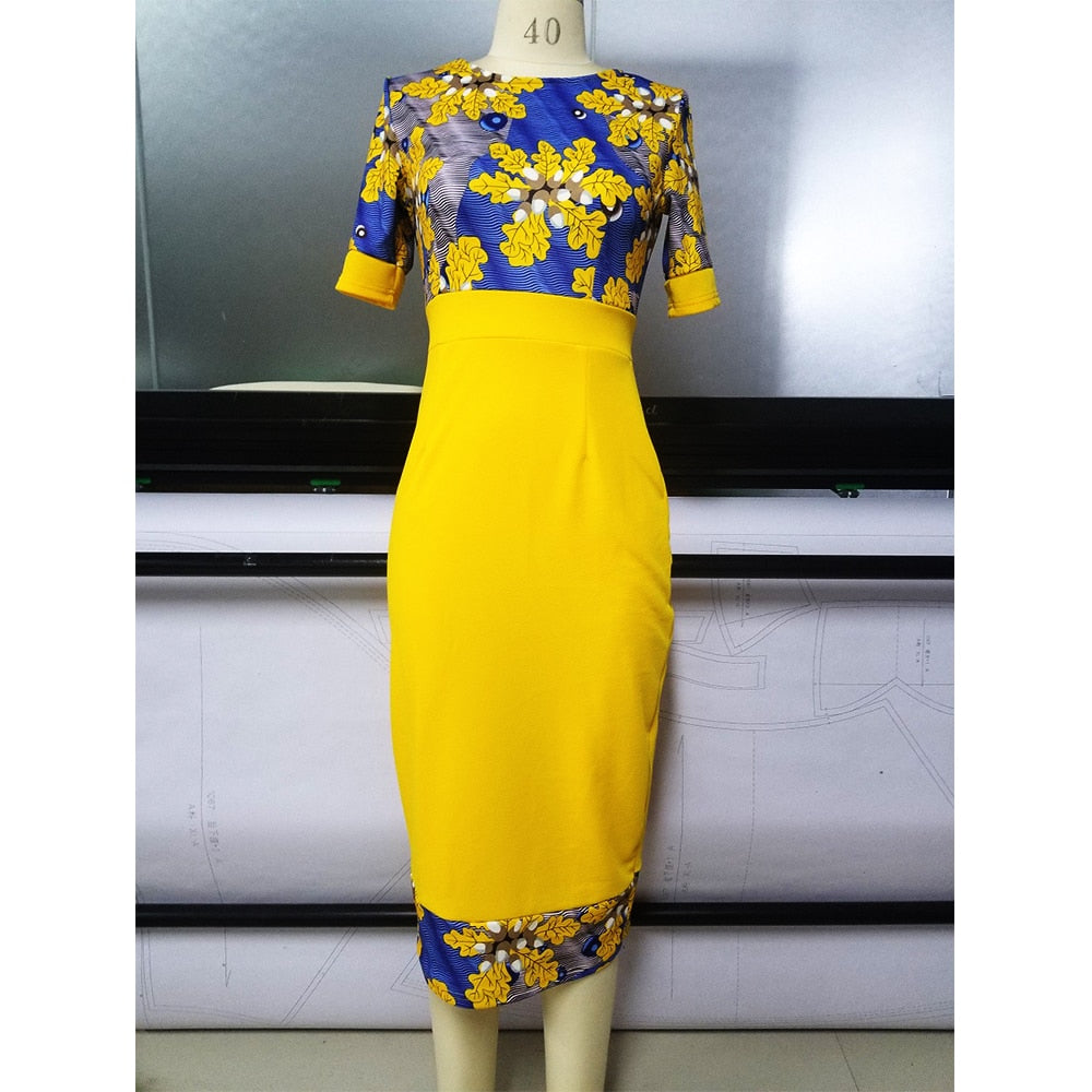 Yellow Elegant Floral Print  O-Neck Half Sleeve Slim Office Work Bodycon Dresses