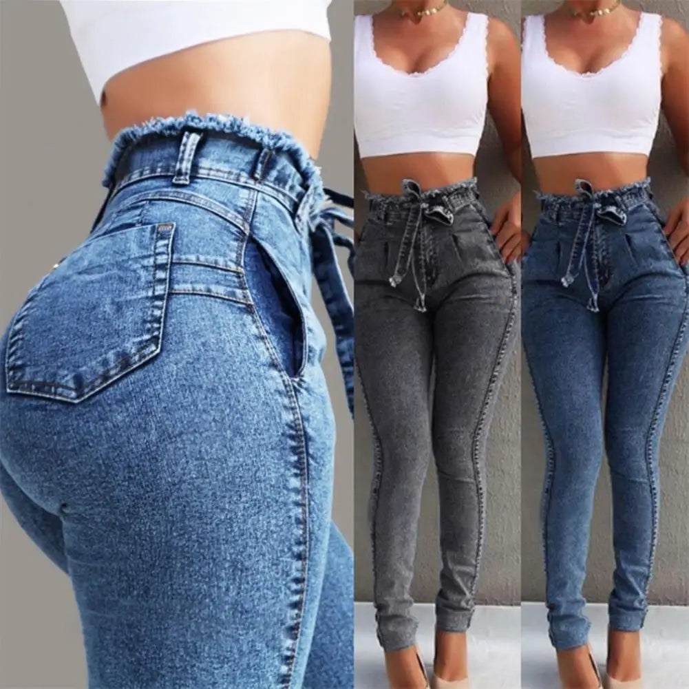 Fashion Belted High Waist Skinny Jeans