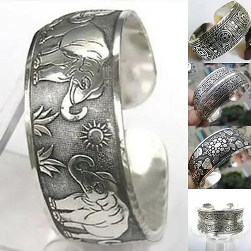 Chinese Style Vintage Tibetan Silver Elephant Open Cuff Bracelet