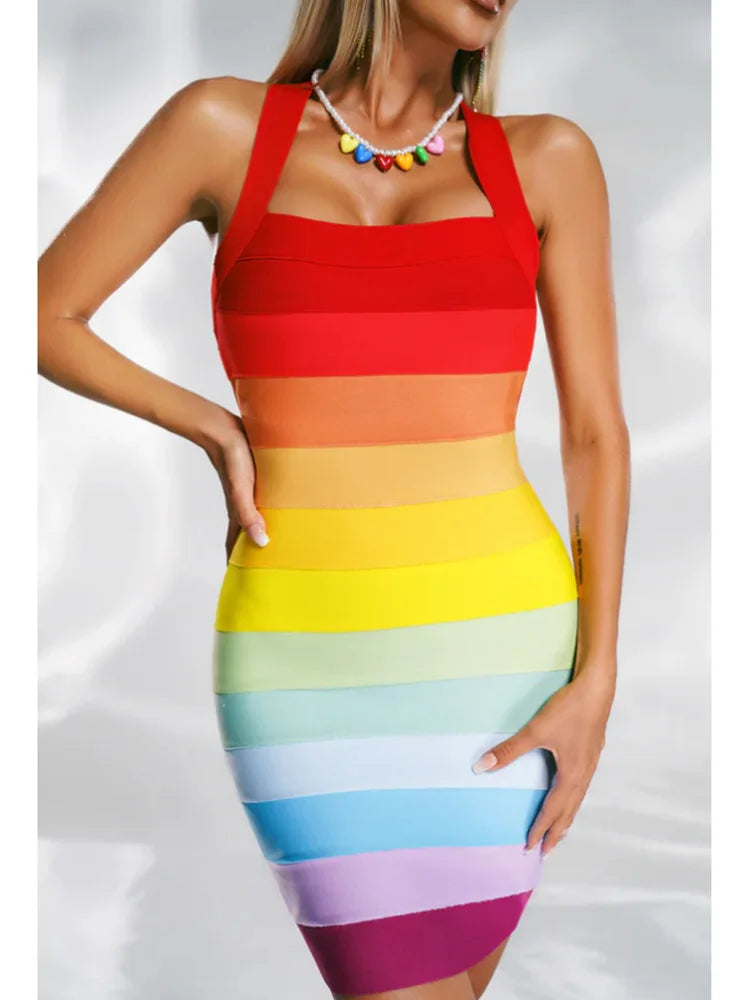 Summer Sleeveless Square High-Quality Strap Gradient Bodycon Dress