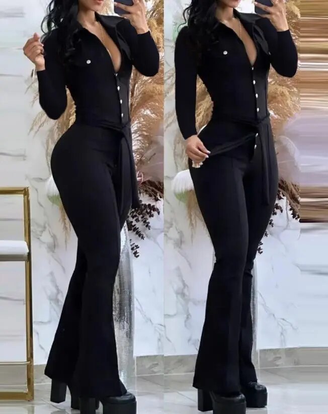 2023 Spring Fashion Buttoned Tied Detail Turn-Down Collar Plain Long Sleeves Skinny Daily Long Flared Jumpsuit