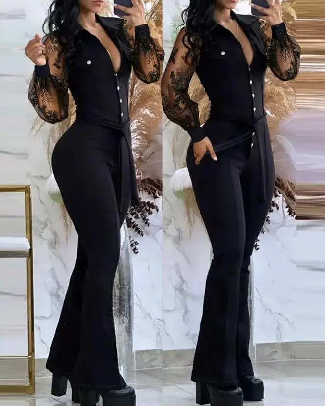 2023 Spring Fashion Buttoned Tied Detail Turn-Down Collar Plain Long Sleeves Skinny Daily Long Flared Jumpsuit
