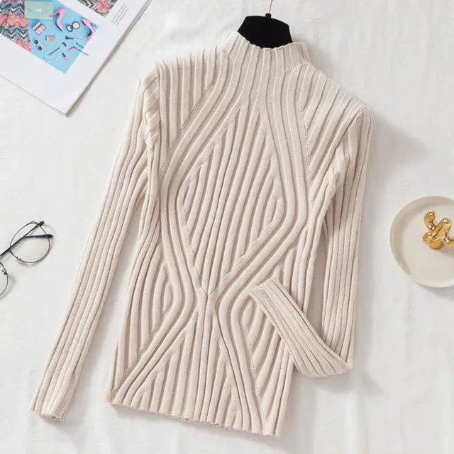 2023  Autumn Winter Solid Slim Chic Streetwear Long Sleeve T Half Turtleneck Sweater