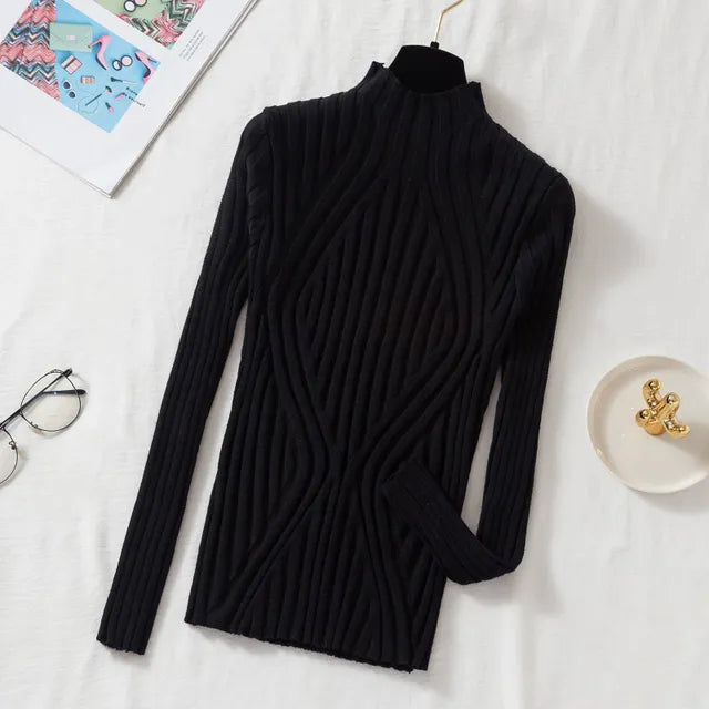 2023  Autumn Winter Solid Slim Chic Streetwear Long Sleeve T Half Turtleneck Sweater