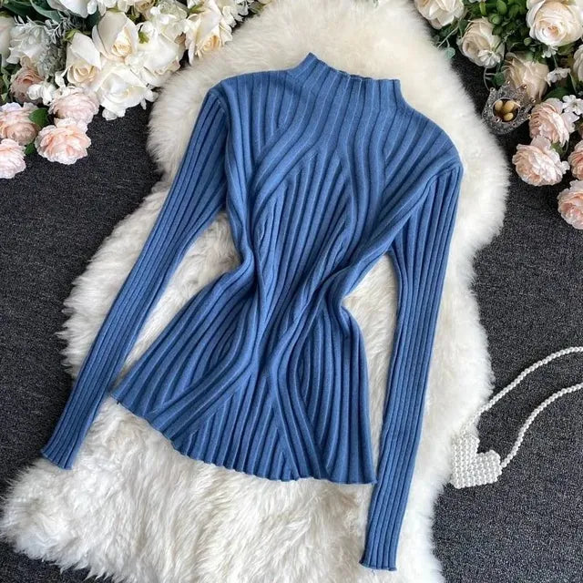 2023  Autumn Winter Solid Slim Chic Streetwear Long Sleeve T Half Turtleneck Sweater