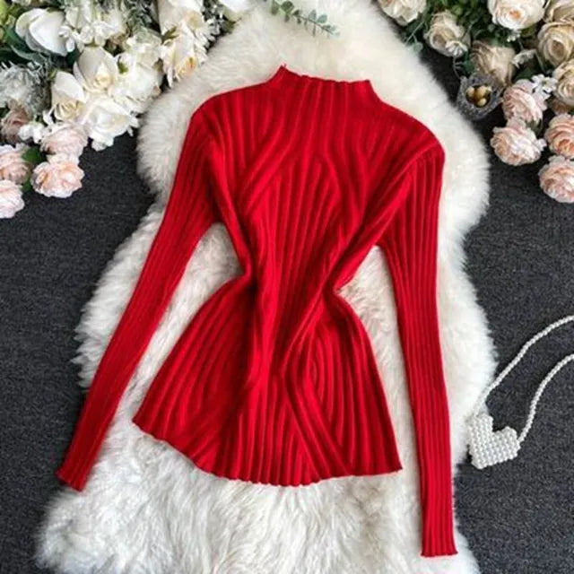 2023  Autumn Winter Solid Slim Chic Streetwear Long Sleeve T Half Turtleneck Sweater