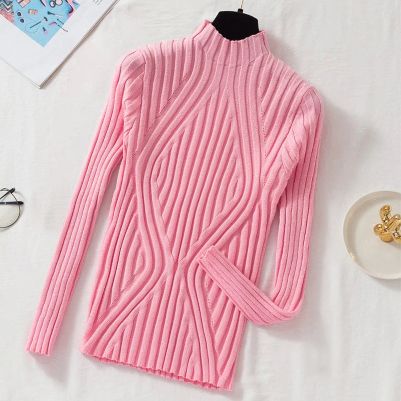 2023  Autumn Winter Solid Slim Chic Streetwear Long Sleeve T Half Turtleneck Sweater