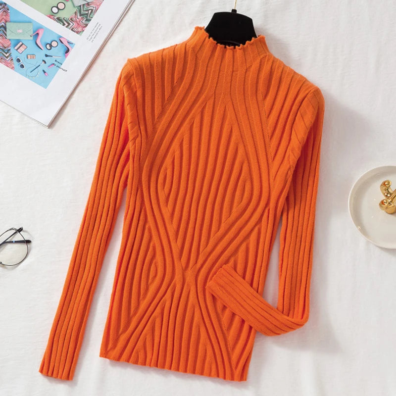 2023  Autumn Winter Solid Slim Chic Streetwear Long Sleeve T Half Turtleneck Sweater