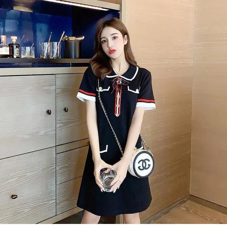 Korean High-end  Fashion Slim Waist  Black Bow Knit Silk Dress