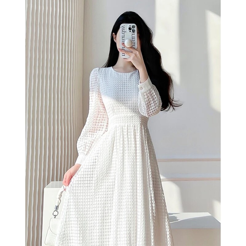 Lace Long Sleeves White Midi Dresses