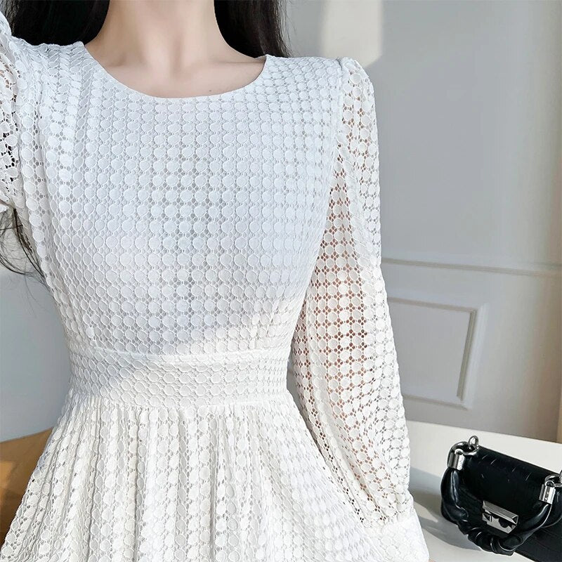 Lace Long Sleeves White Midi Dresses