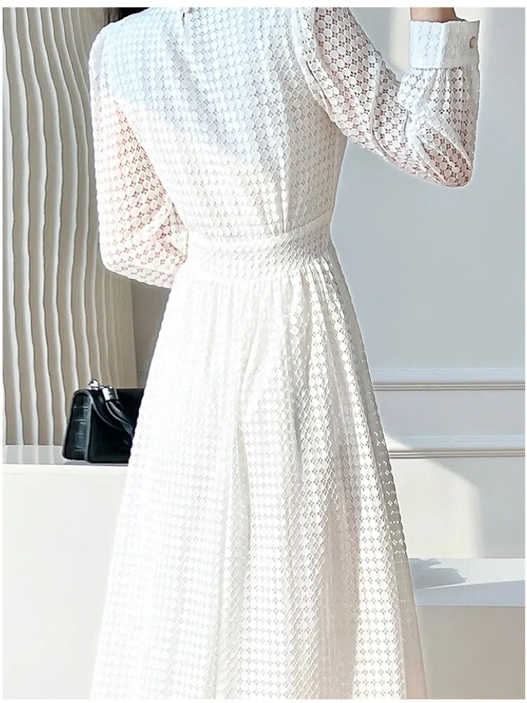 Lace Long Sleeves White Midi Dresses