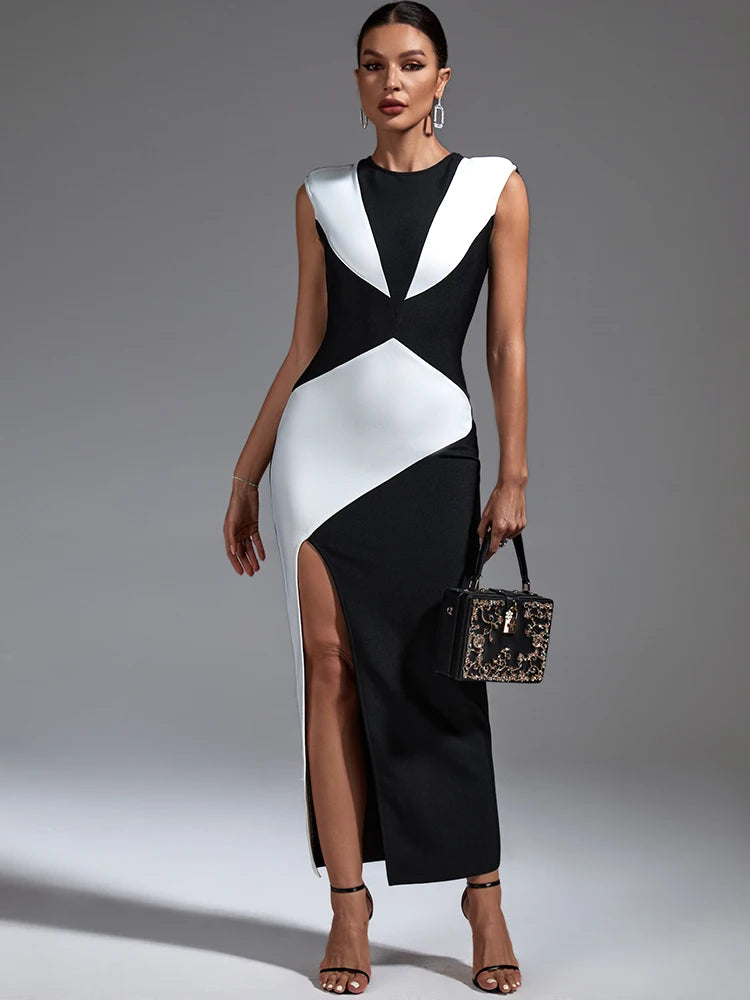 Elegant Black and White Sexy Split Maxi Dress