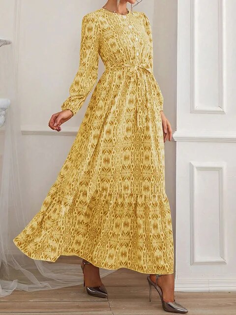 Long Sleeve Print O-Neck Fashion Bohemian Long Sundress