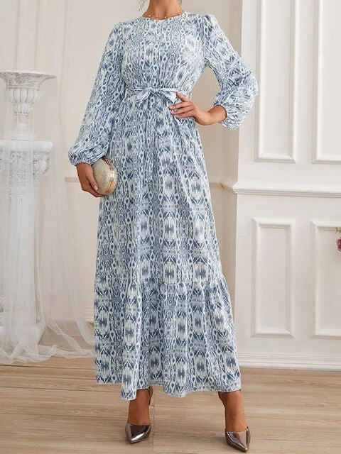 Long Sleeve Print O-Neck Fashion Bohemian Long Sundress