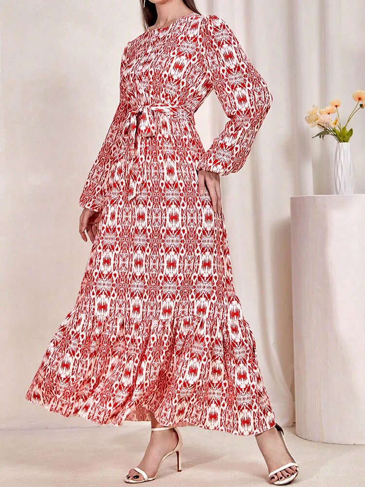 Long Sleeve Print O-Neck Fashion Bohemian Long Sundress