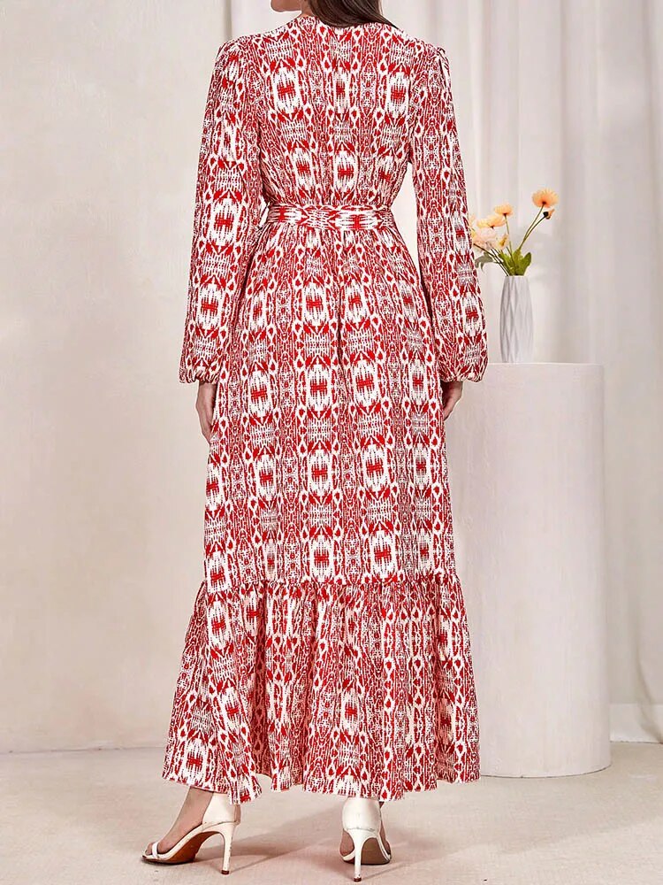 Long Sleeve Print O-Neck Fashion Bohemian Long Sundress