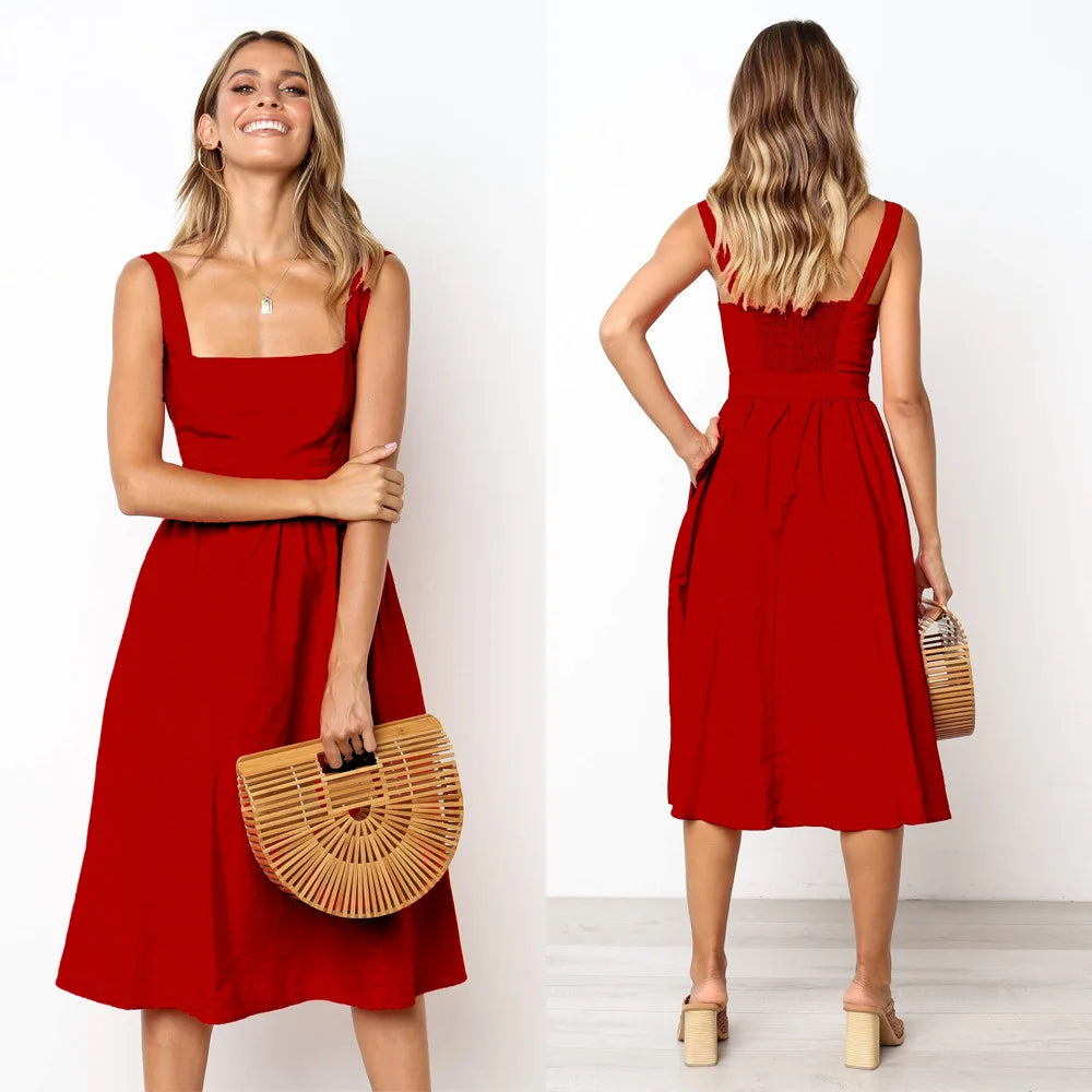 Casual Solid Midi Long Summer Sexy Backless Slip Dresses