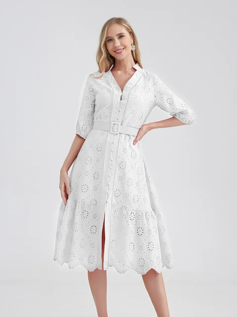 Cotton Hollow Out  Casual High Waist Ruffled Mini V-Neck Dresses