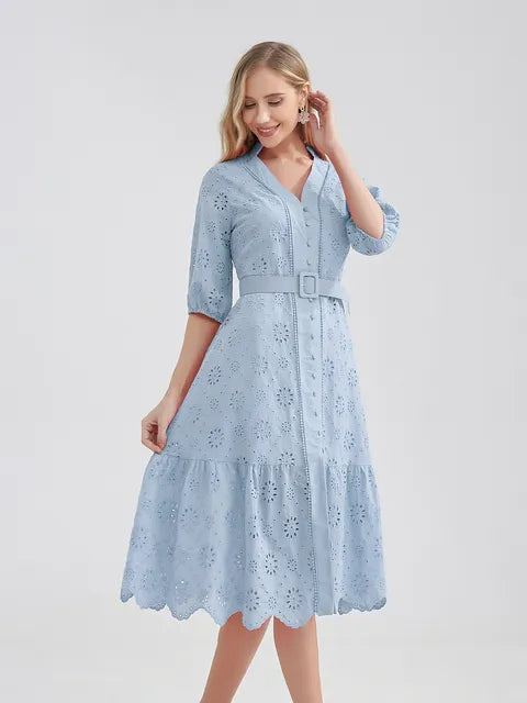 Cotton Hollow Out  Casual High Waist Ruffled Mini V-Neck Dresses