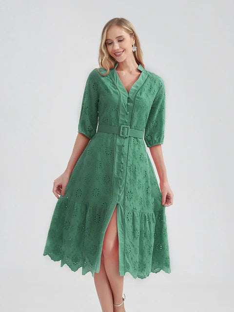 Cotton Hollow Out  Casual High Waist Ruffled Mini V-Neck Dresses