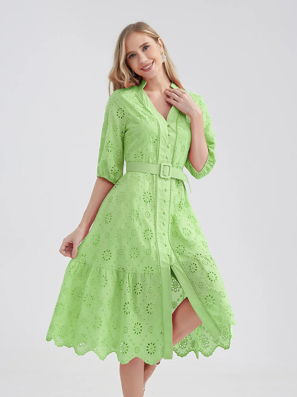 Cotton Hollow Out  Casual High Waist Ruffled Mini V-Neck Dresses