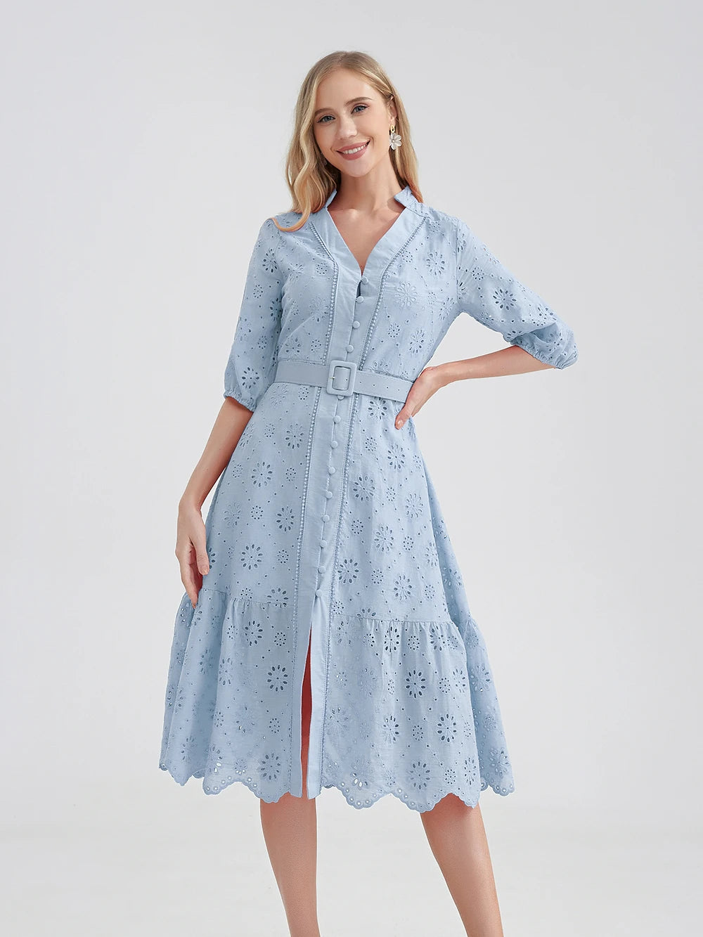 Cotton Hollow Out  Casual High Waist Ruffled Mini V-Neck Dresses