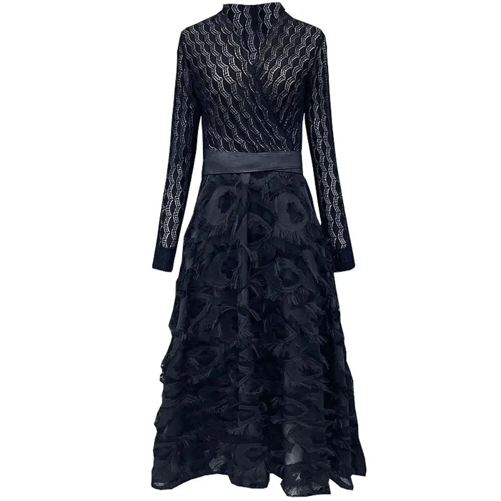 V-neck Solid Color Lace Korean Elegant Dresses