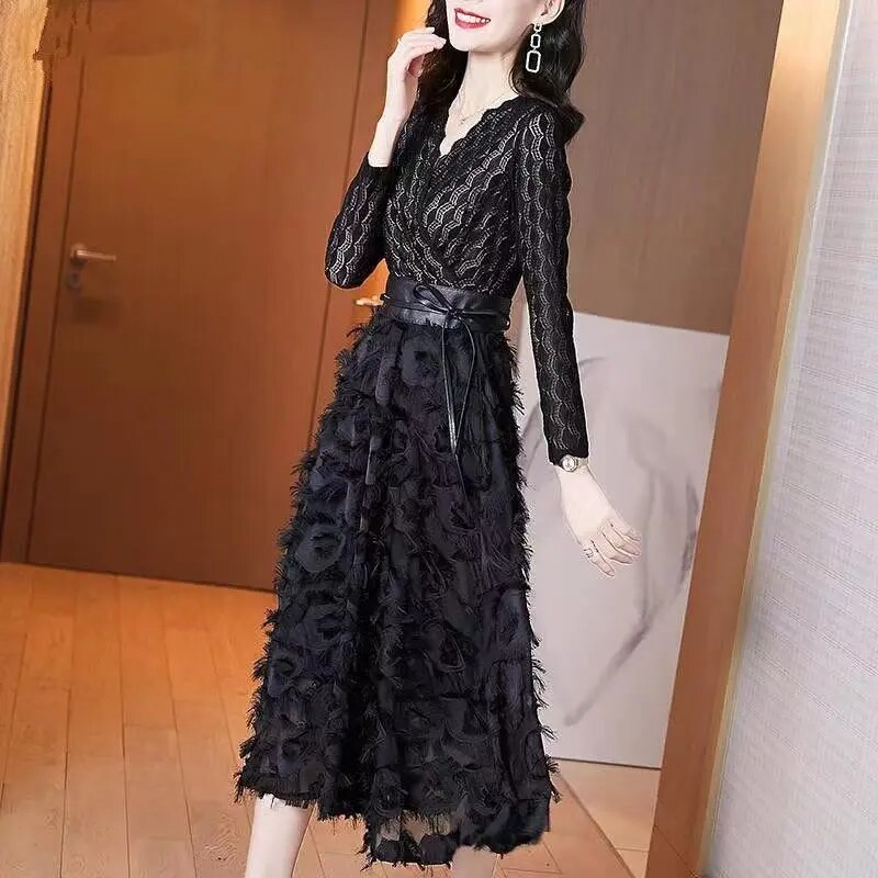 V-neck Solid Color Lace Korean Elegant Dresses
