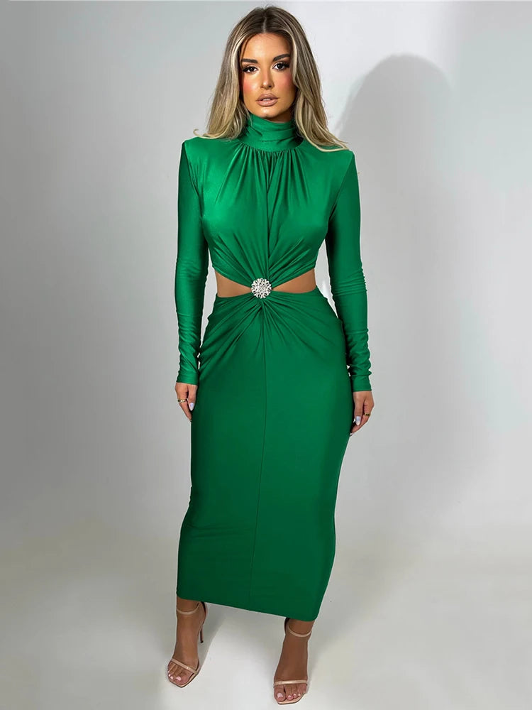 Autumn Winter Elegant Hollow Out Turtleneck Long Sleeve Sexy Maxi Dres – Shequila's Fashions