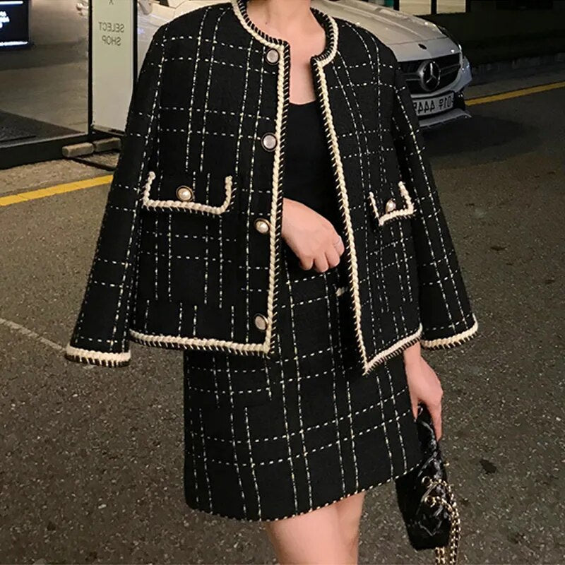 New Autumn Elegant Black Plaid Woolen Tweed Jacket Coat + Mini Skirt Set