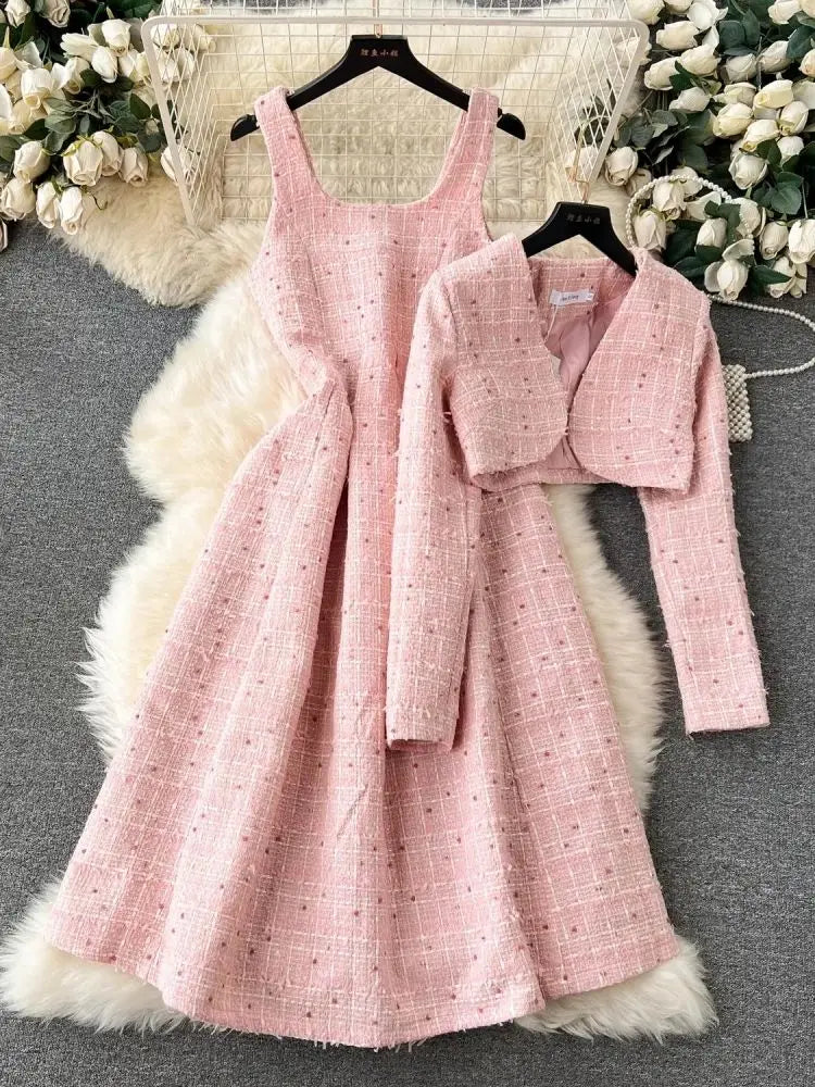 New Winter Pink Woolen 2 Pieces Dress Set Spaghetti Strap Plaid Tweed Midi Dress + Short Jacket Cardigan Coat