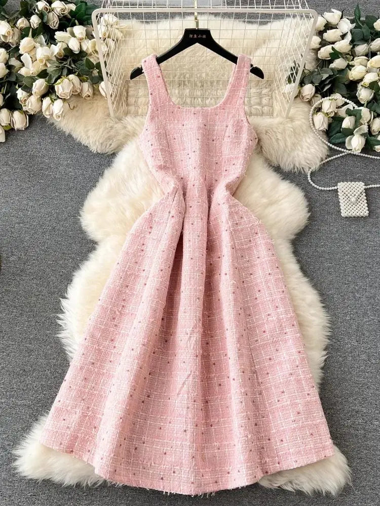 New Winter Pink Woolen 2 Pieces Dress Set Spaghetti Strap Plaid Tweed Midi Dress + Short Jacket Cardigan Coat