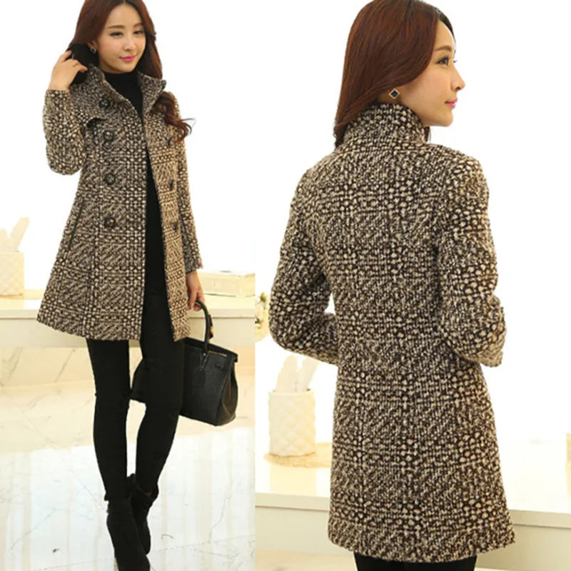 Winter  Autumn Fashion Elegant  Turtleneck Plaid Slim Long Tweed Woolen Coat