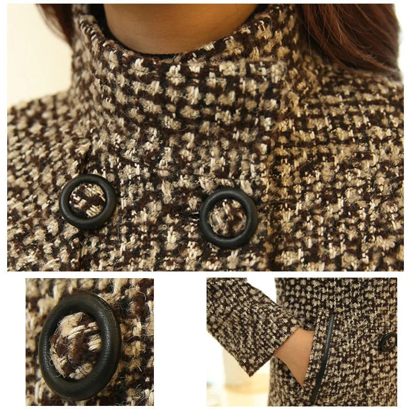 Winter  Autumn Fashion Elegant  Turtleneck Plaid Slim Long Tweed Woolen Coat