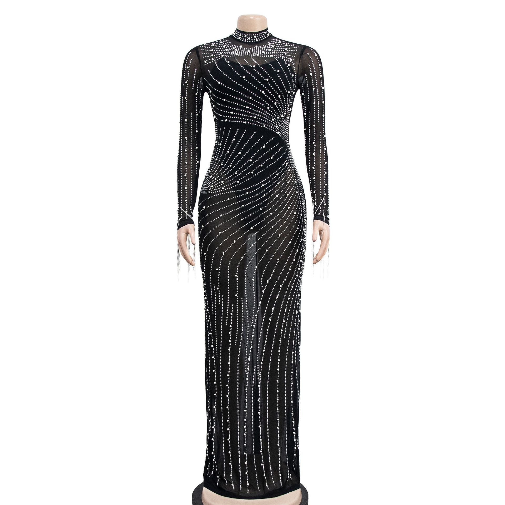 Mesh Tassel Long Sleeve Rhinestones Bodycon Midi Maxi Long Dress