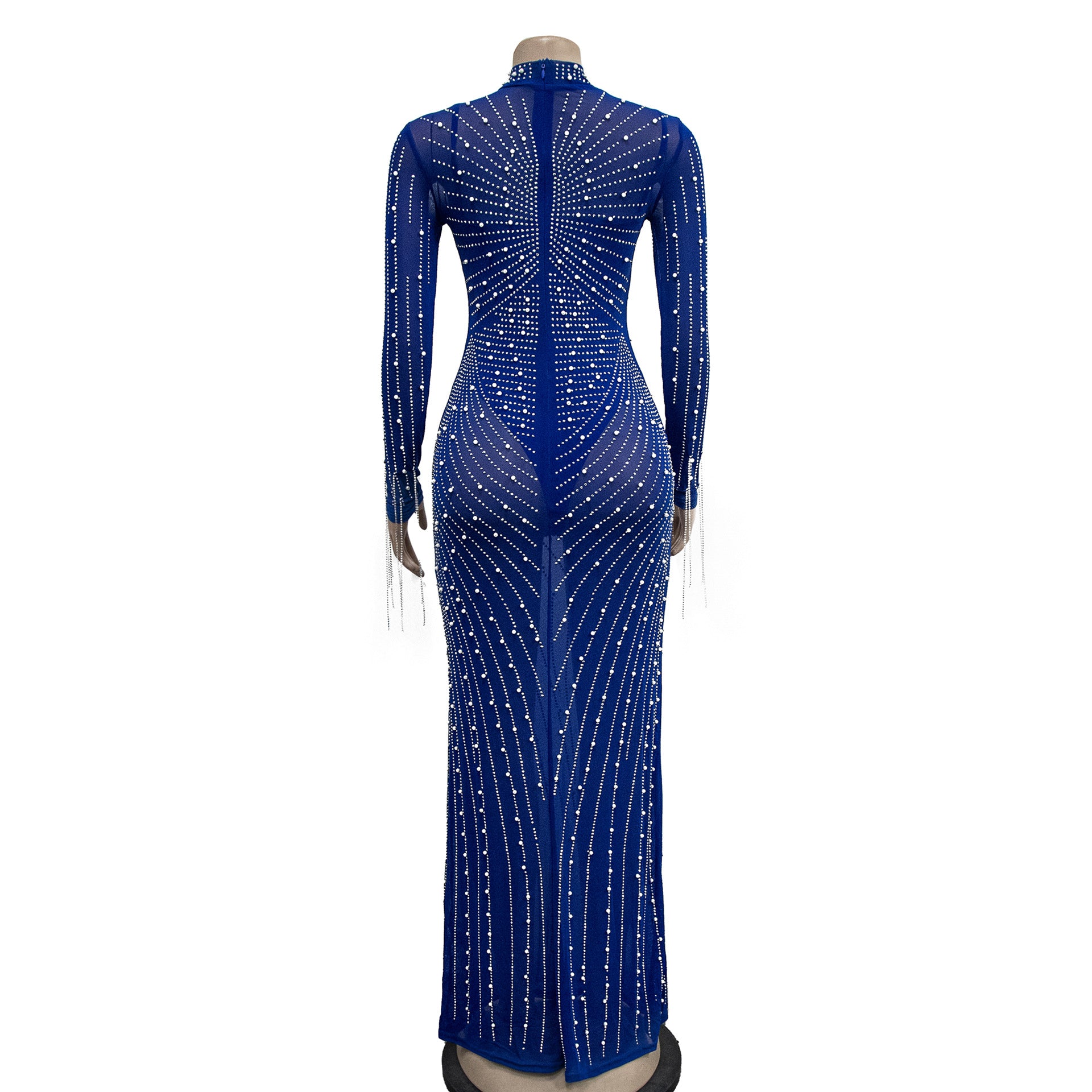 Mesh Tassel Long Sleeve Rhinestones Bodycon Midi Maxi Long Dress