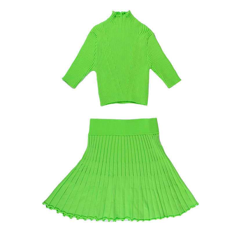 Autumn and Winter Long-sleeved Tight-fitting Sweater and Pleated Mini Skirt