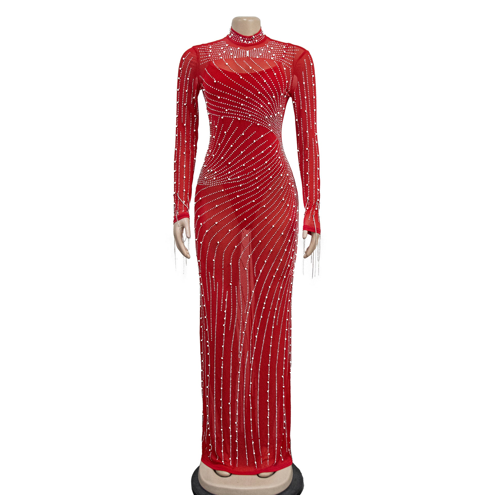 Mesh Tassel Long Sleeve Rhinestones Bodycon Midi Maxi Long Dress