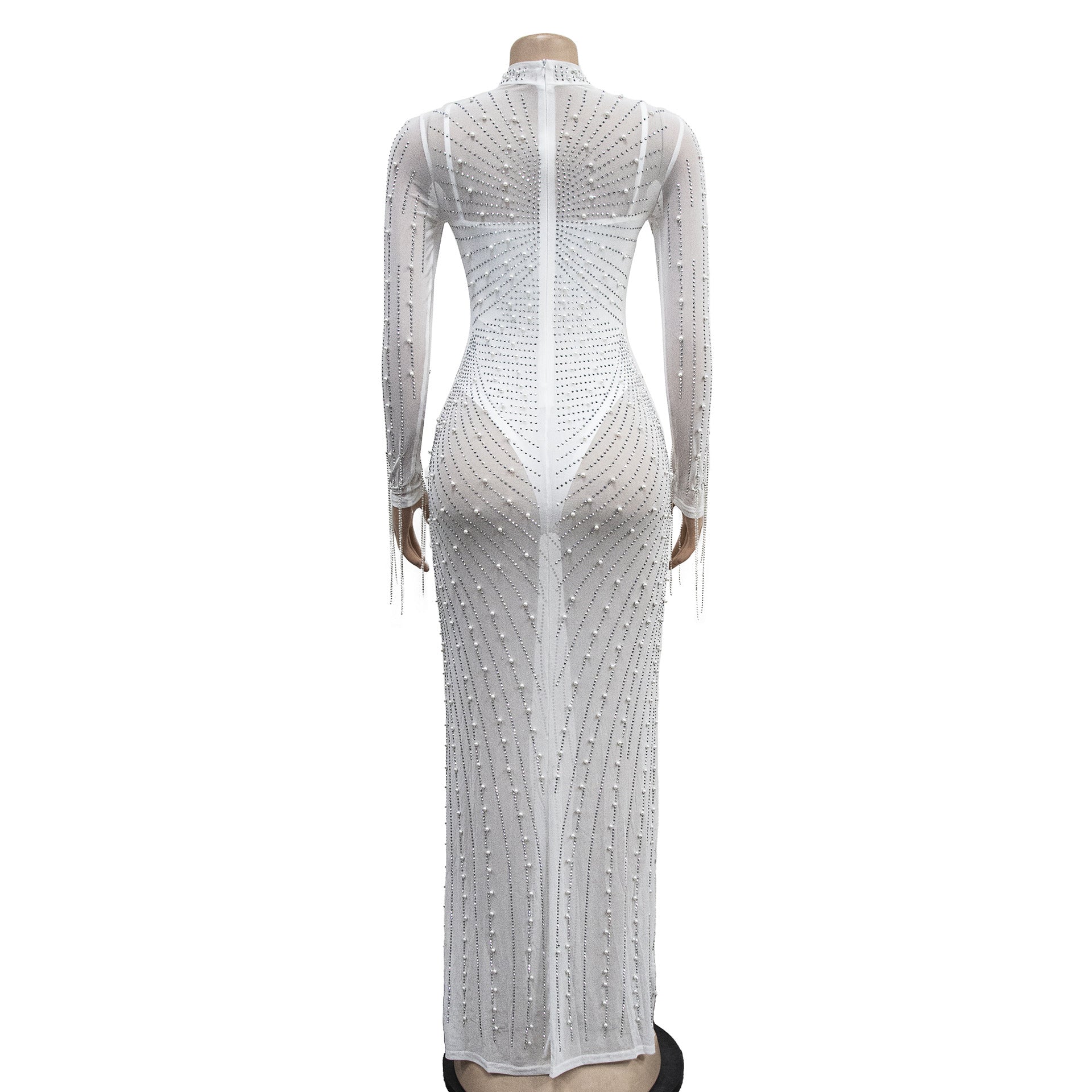 Mesh Tassel Long Sleeve Rhinestones Bodycon Midi Maxi Long Dress