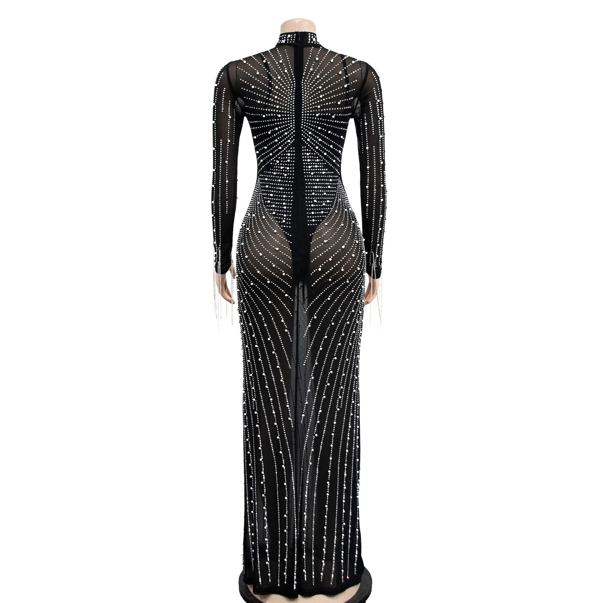 Mesh Tassel Long Sleeve Rhinestones Bodycon Midi Maxi Long Dress