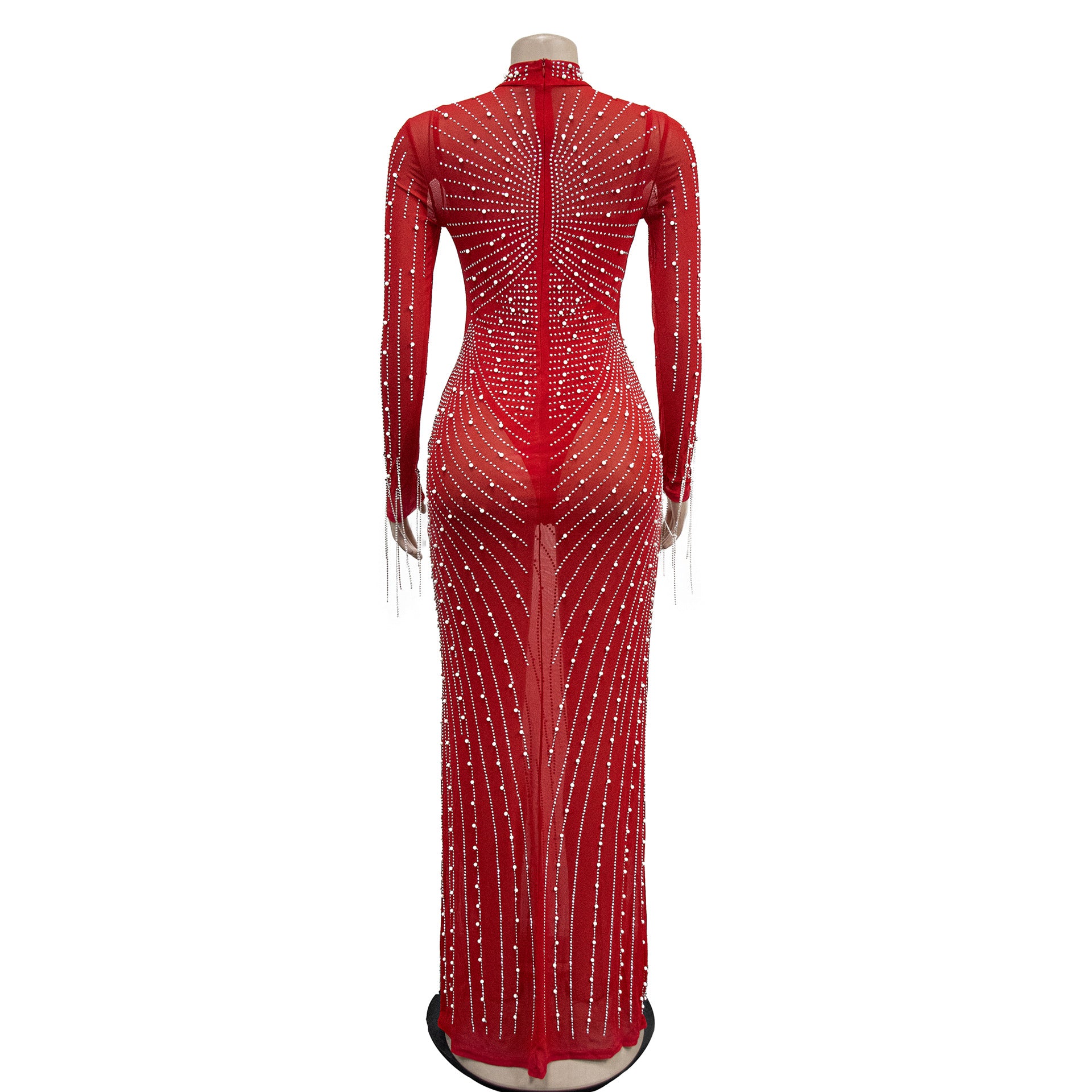 Mesh Tassel Long Sleeve Rhinestones Bodycon Midi Maxi Long Dress