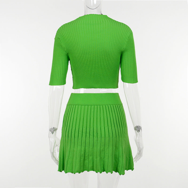 Autumn and Winter Long-sleeved Tight-fitting Sweater and Pleated Mini Skirt
